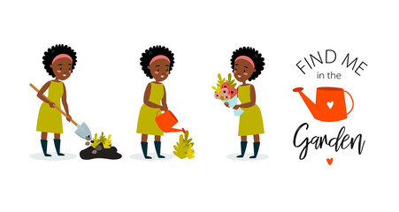 Set with a gardener girl. Beautiful african american woman is planting flowers, watering flowers, collecting a bouquet. Ecology. Summer. Work in the garden. Florist. Cartoon character.