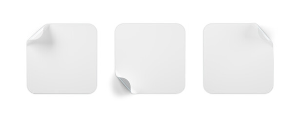 Set white square paper sticky stickers mockup with curved corner and shadow
