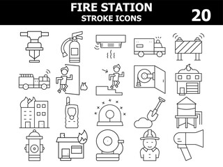 Black Line Art Set of Fire Station Icon In Flat Style.