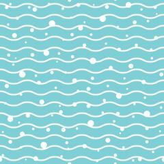Wavy lines with bubbles. seamless texture with light blue rolling lines on blue background.