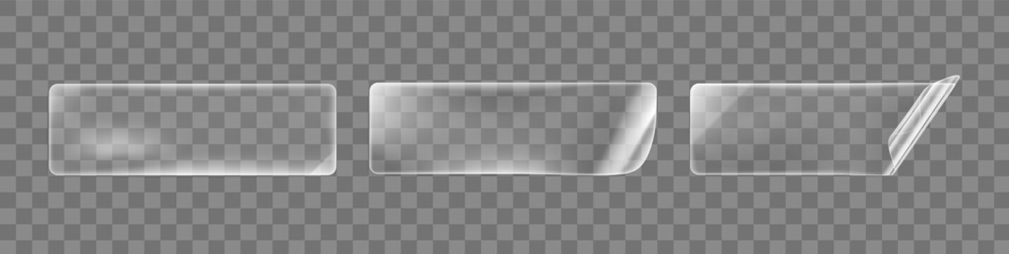 Transparent glued rectangle stickers with curled corners mock up set. Blank adhesive transparent paper or plastic sticker label with curled and wrinkled effect. 3d realistic vector icon