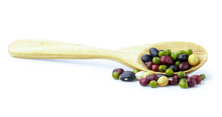red bean ,green bean ,black bean, soybean isolated on white background