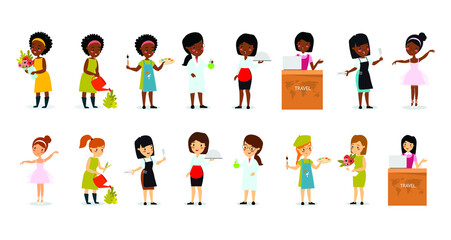 Vector set of female professions. Florist, gardener, farmer, artist, scientist, chemist, laboratory assistant, travel agent, hairdresser, ballerina, dancer. African American woman. Women's work.
