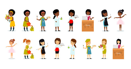 Fototapeta premium Big set of female professions. Florist, gardener, farmer, artist, scientist, chemist, laboratory assistant, travel agent, hairdresser, ballerina, dancer. African American woman. Women's work. 
