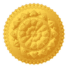 Golden relief mandala with floral pattern, isolated on white background. Vector image.