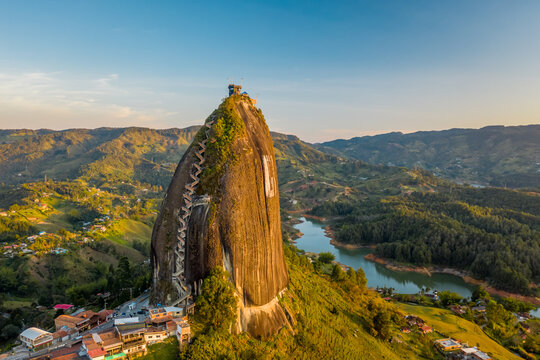 Aerial view of Piedra del Penol touristic attraction, a huge rock with steps to the top near Guatapé town, Antioquia, Colombia.