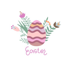 Vector illustration on the theme of Easter in pastel colors. Colored egg in flowers with the inscription Easter. Poster, postcard, congratulations.