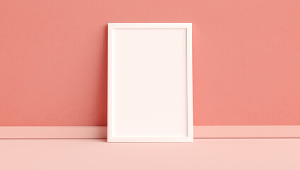 Vertical white photo frame mockup on the floor leaning against the room wall in 3D rendering. Minimal home interior design, blank empty frame template, nordic style