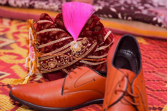 Indian groom shera or turban and shoes in wedding Indian traditional culture