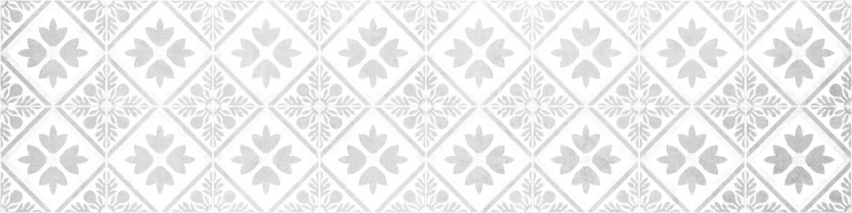 Poster Nahtloser Grunge abgenutzter alter grauer grauer weißer Betonstein Zementfliesen mit Blättern Blumen Rhombus Raute Quadrat Mosaik Textur Hintergrund Banner Panorama © Corri Seizinger