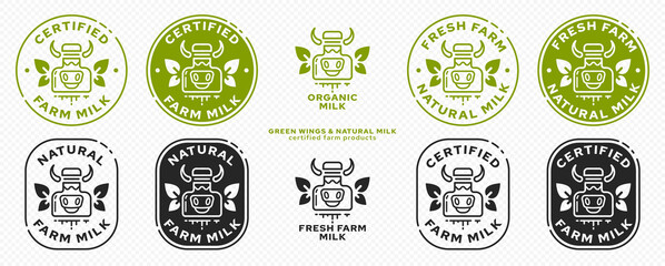 Concept for product packaging. Labeling - natural farm milk. Milk can - cow with leaf wings. Natural organic products symbol. Vector set.