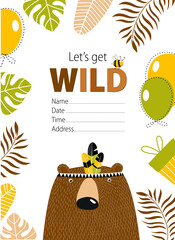 Card with a bear. Birthday Invitation. Poster, postcard, baby show.
- 414065547