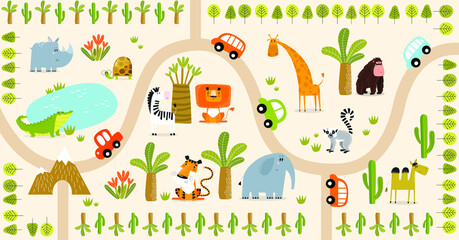 Vector tropical maze with animals in safari park. Cartoon tropical animals. African animals. Road in a safari park. Game for children. Children's play mat.
- 414066184