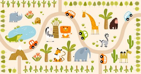 Tropical maze with animals in safari park. Cartoon tropical animals. African animals. Road in a safari park. Game for children. Children's play mat.
- 414066199