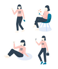 Fototapeta premium Girl character set with flat illustration in cartoon style. Minimalism female person design. Business woman concept. Vector people