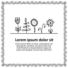 Hand drawn black and white scandi style flowers and frame. Vector illustration for greeting card, poster or banner. Congratulations template.