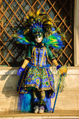 Fototapeta na wymiar Peacock mask in sunlight near Doge's Palace in St Mark's Square at traditional Carnival in Venice, Italy. 