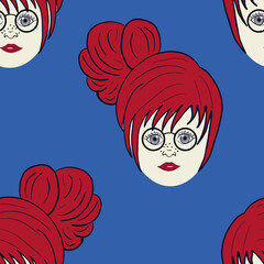 Girl with glasses and red hair seamless repeat pattern print background
