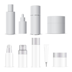 White cosmetic bottle. Cream, lotion tube vector blank. Shampoo package mockup. Liquid soap pump dispenser packaging. Cosmetic bottles set. Serum dropper, spa balm, bath hygiene, skin care