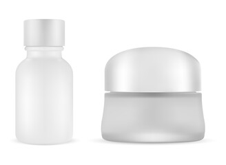 White cosmetic cream jar. Serum vial blank set. Matte glass butter packaging container with plastic cap. Matt foundation bottle, silver cap. Scrup flacon, bath, skin care. Powder jar isolated