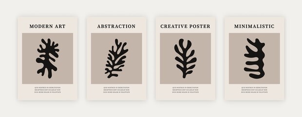 Contemporary minimalist posters. Matisse inspired abstract shapes, creative art prints. Vector monochrome illustration