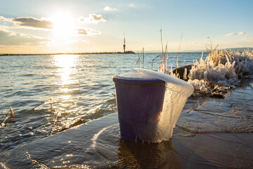 Ice covered plants in freezing lake shore in winter. Sunset scene on a winter coastline. Chilly winter afternoon at seaside promenade, sunset and frozen bushes. Icicles lit by the sun on the branches.