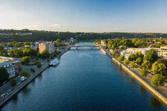 Aerial view of Huy townscape following the river Meuse in Liege province, Belgium.