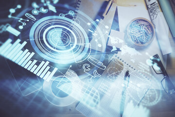 Multi exposure of business theme drawing and work table top veiw. Concept of international finance.