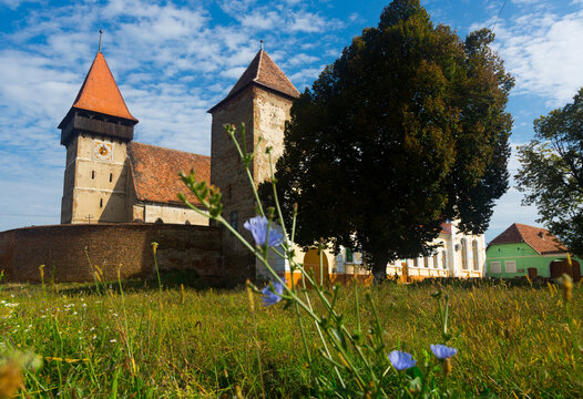 Medieval scenery of Transylvania with fortified church Brateiu, Romania.
