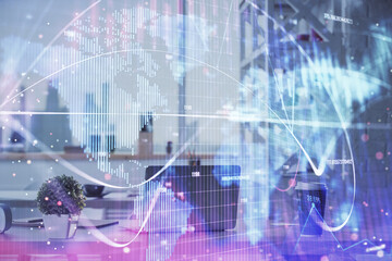 Double exposure of business theme drawing and office interior background. Concept of success