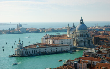 Venetian lagoon view with Basilica di Santa Maria della Salute (Basilica of Saint Mary of Health). Venice, Italy