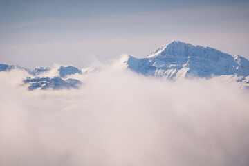 Fototapeta na wymiar sommets des alpes émergeant d'une couche de nuages dans les alpes à Chamrousse en hiver