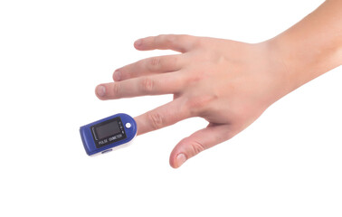 Oximeter on the finger of a person on a white background. Concept for measuring pulse and lung saturation with covid 19, isolate