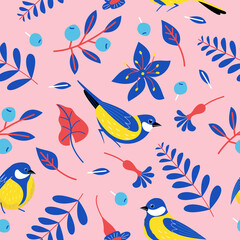 Seamless patterns with birds, flowers, leaves and berries. Vector illustration.