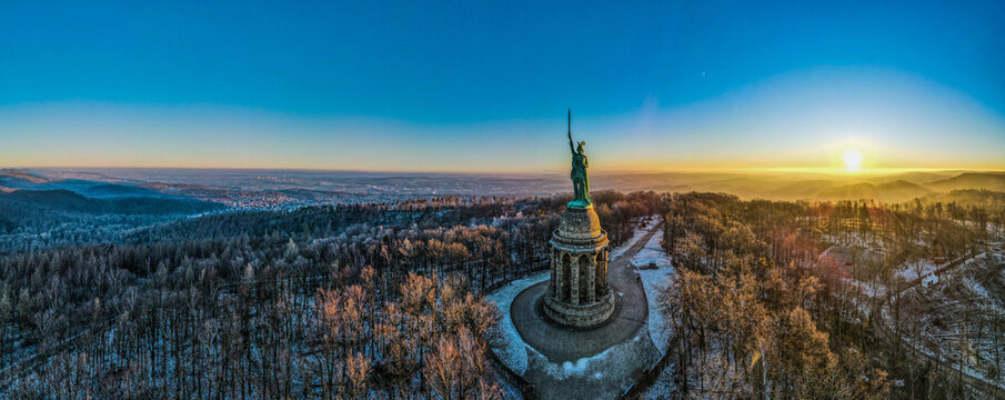 Aerial panoramic view of the famous Hermannsdenkmal - Hermann's Monument - in Detmold, Germany