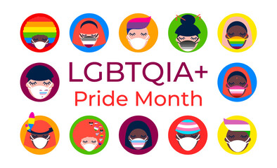 illustration with people of different nationalities in medical face masks keeping distance. LGBTQ Pride Month. Coronavirus pandemic. Covid-19