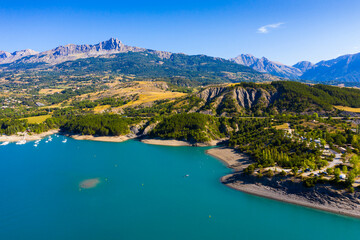 Aerial landscape with Serre-Poncon Lake and Alps, France - obrazy, fototapety, plakaty