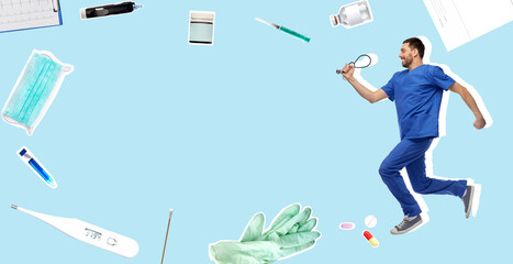 healthcare, profession and medicine concept - happy smiling doctor or male nurse in uniform with...