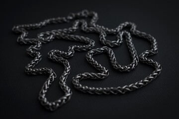Metallic necklace on black background. Silver color chain. Dark cold color photo. Men's necklace. Thick chain. Male necklace. Stainless jewellery. Necklace detail. 