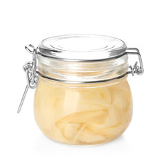Pickled ginger in jar isolated on white