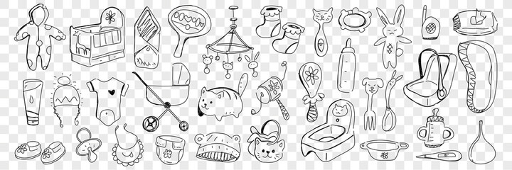 Infant baby accessories and toys doodle set. Collection of hand drawn bed, toy, jumpsuit, stroller, beanbag, nipple, undershirt, diaper isolated on transparent background