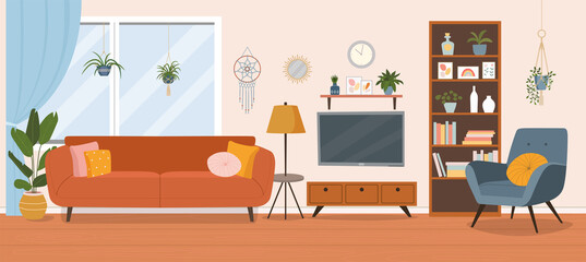 Living room interior. Comfortable sofa, TV,  window, chair and house plants. Vector flat cartoon illustration.