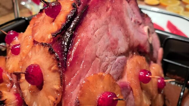Ham with Pineapple and Cherries inside the Oven