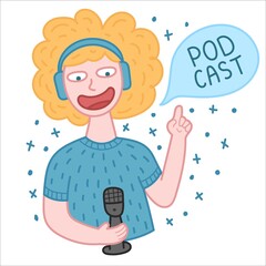 Podcaster boy with microphone and headphones.  Funny cute character. Vector illustration isolated on white background