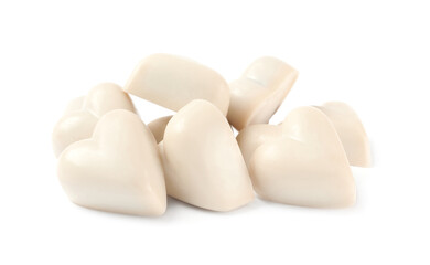 Beautiful heart shaped chocolate candies on white background