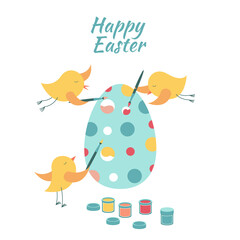 Happy Easter. Birds are painting an Easter egg. Spring holiday.  Vector illustration on a white background