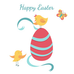Easter egg with birds and red ribbon on a white background. Holiday design collection for banner, invitation, poster.