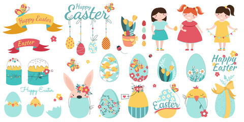 Happy Easter set. Cute girls, easter  cake and eggs with flowers on a white background. Spring holiday. 