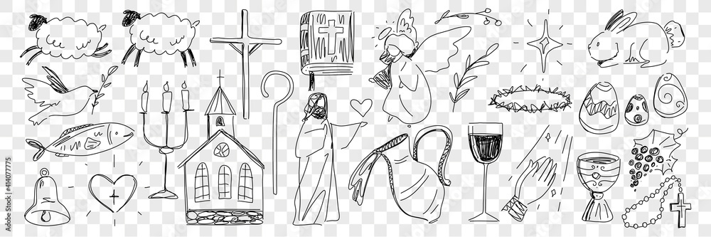 Wall mural Religious symbols from bible doodle set. Collection of hand drawn jesus animals bible book holy wine in jug angels and christianity easter and festive attributes isolated on transparent background