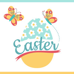 Easter egg with red ribbon, flowers and butterfly on a white background. Happy Easter. Holiday design collection for invitation, banner, poster.